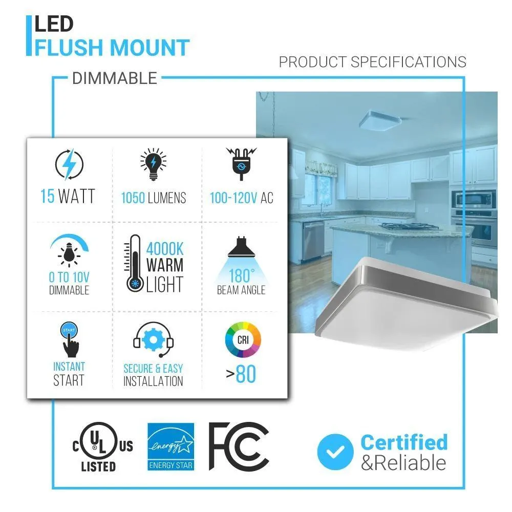 15W Square LED Flush Mount Ceiling Light - 11 inch Brushed Nickel - 1050 Lm - Single Ring