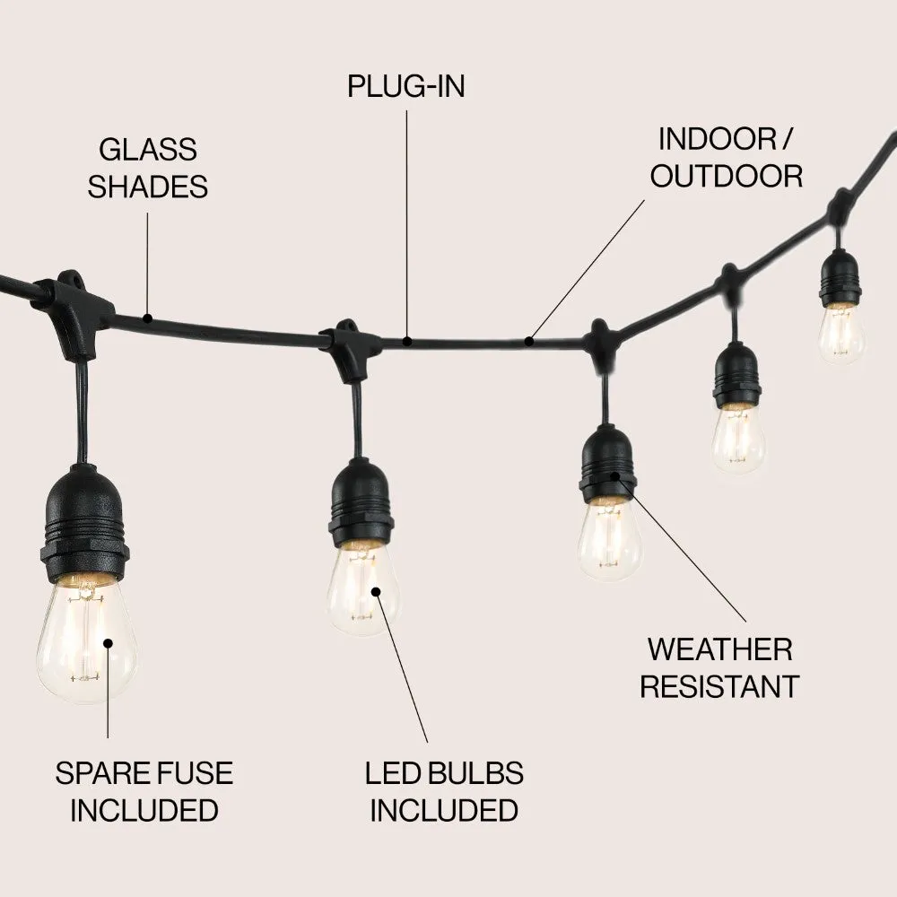 Friv 15-Light Indoor/Outdoor 48 ft. Rustic Industrial LED S14 Edison Bulb String Lights, Black