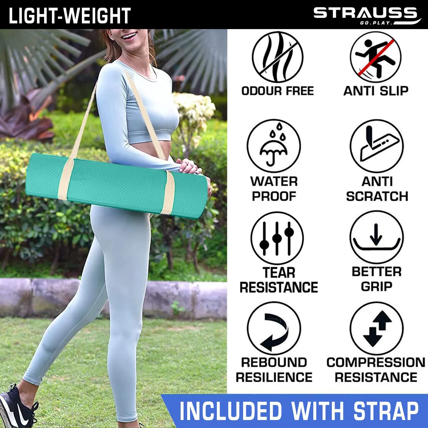 Strauss Anti Skid EVA Yoga Mat with Carry Strap, 4mm, (Sea Green)